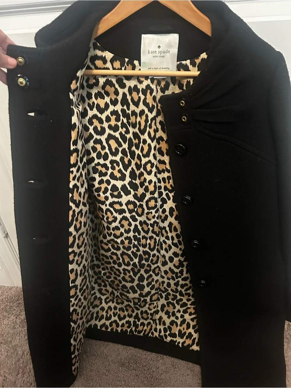 kate spade Black Pea Coat with Leopard-Print Lining
